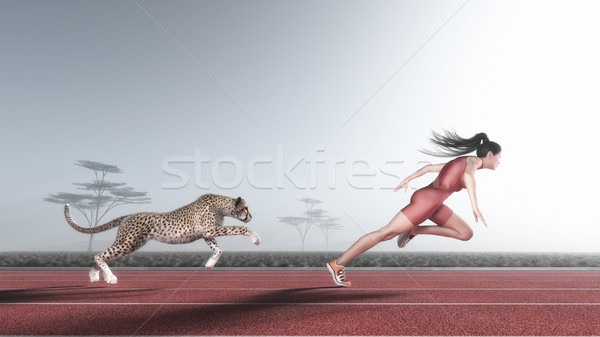 Stock photo: Woman competes with a cheetah