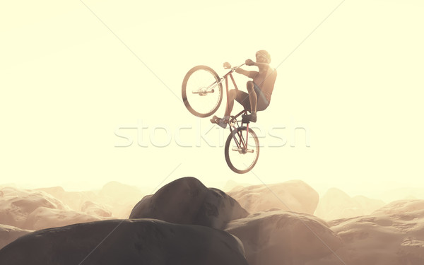 Ciclista climbing rock jumping rendering 3d illustrazione Foto d'archivio © orla