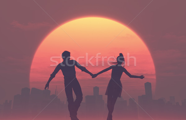Sylwetki młodych romantyczny para spaceru strony Zdjęcia stock © orla