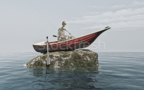 Stock fotó: Csontváz · férfi · csónak · kő · cápák · 3d · render