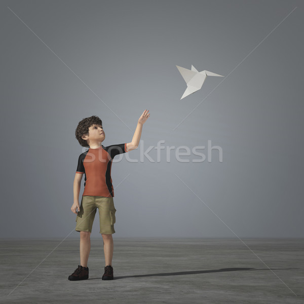 Foto stock: Pequeno · menino · jogar · avião · de · papel · origami · 3d · render