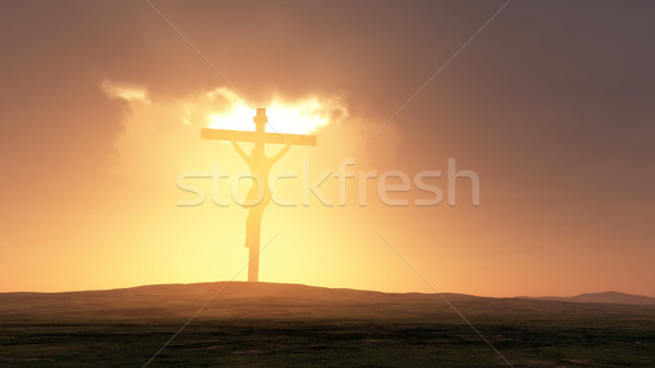 Silhouette jesus Kreuz Sonnenuntergang Religion 3d render Stock foto © orla