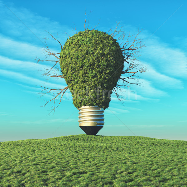 Stockfoto: Gloeilamp · groene · boom · heuvel · 3d · render · illustratie · natuur