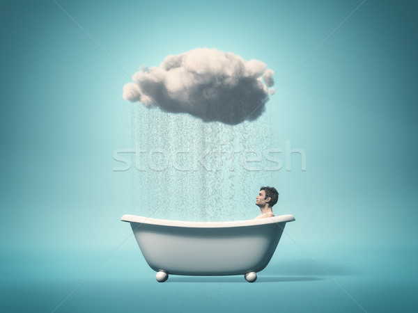 Osobowych człowiek posiedzenia kąpieli deszcz Chmura Zdjęcia stock © orla