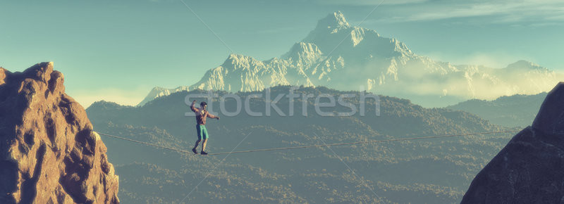 Joven caminando equilibrio cuerda montanas 3d Foto stock © orla