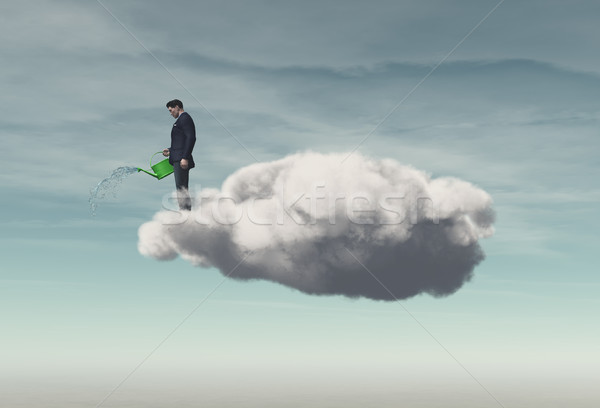 Foto stock: Empresário · em · pé · nuvem · chuva · regador · 3d · render