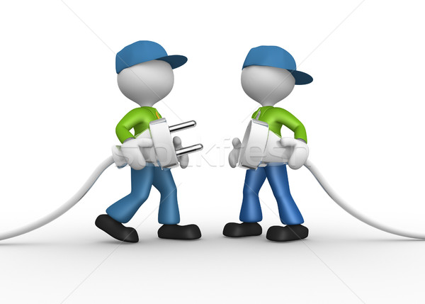 [[stock_photo]]: électriques · plug · gens · 3d · hommes · personne