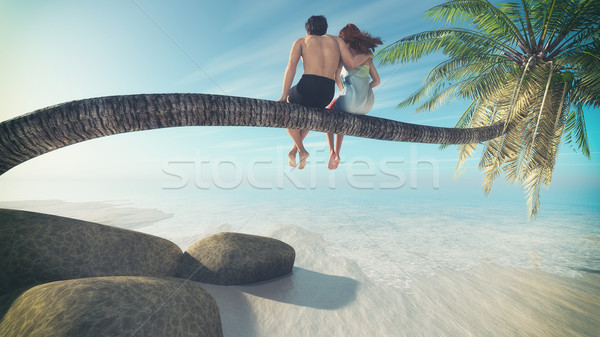 Foto stock: Belo · casal · sessão · palma · praia · 3d · render