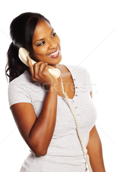 Stock fotó: Afroamerikai · nő · telefon · portré · izolált · fiatal · csinos