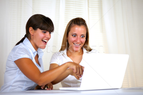 Foto stock: Surpreendido · adulto · empresárias · leitura · laptop · escritório