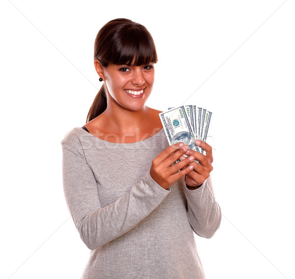 Сток-фото: улыбаясь · деньги · серый · платье · портрет