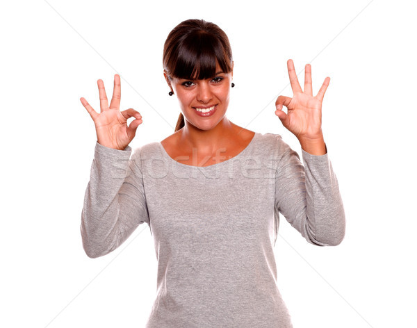 Young woman saying great job with her hands Stock photo © pablocalvog