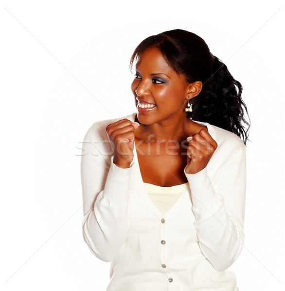 Podniecony młoda kobieta patrząc uśmiech młodych biały Zdjęcia stock © pablocalvog