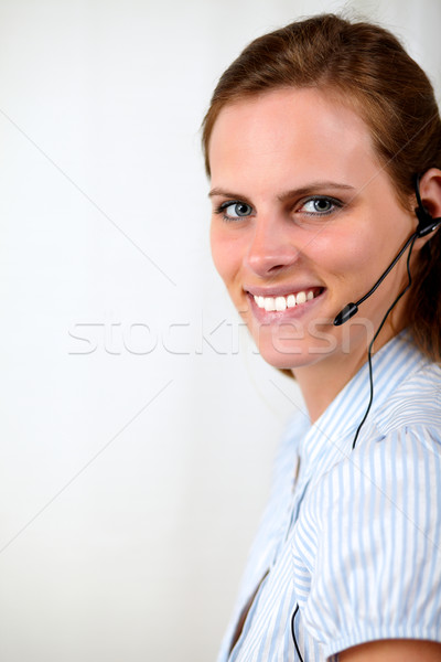 Gyönyörű szőke nő titkárnő mosolyog közelkép portré Stock fotó © pablocalvog