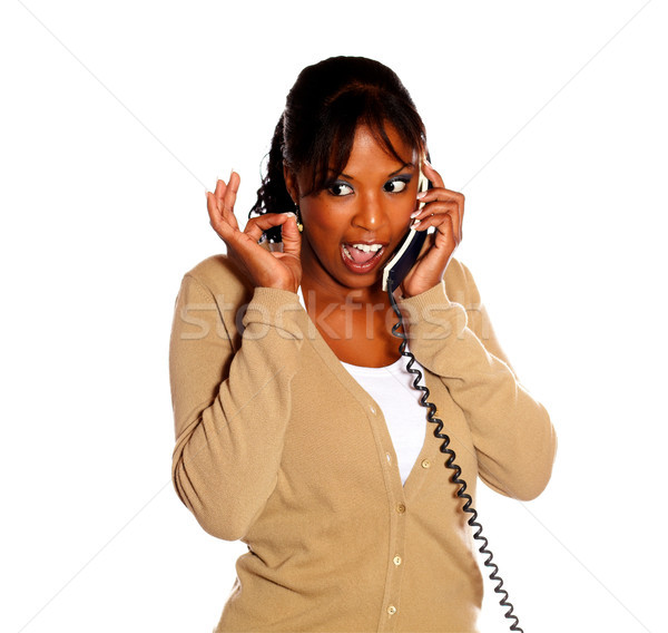 Nő emel ujjak felfelé beszél telefon Stock fotó © pablocalvog