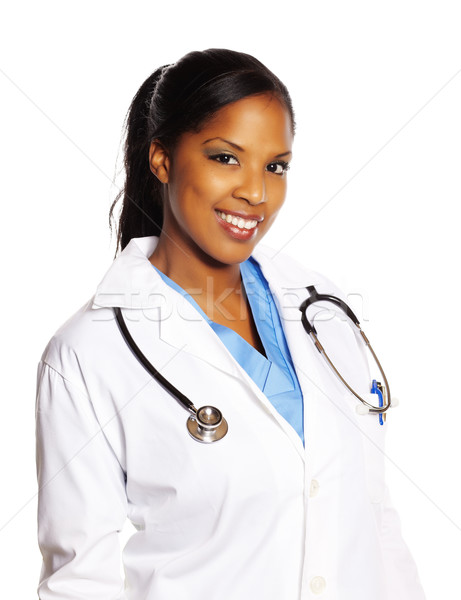 Foto stock: Médico · mulher · negra · retrato · isolado · jovem · bastante