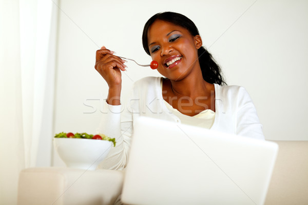 Сток-фото: улыбающаяся · женщина · интернет · еды · Салат · портрет · ноутбука