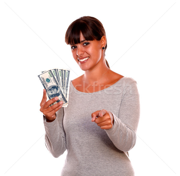Sorridente mulher jovem dinheiro indicação retrato olhando Foto stock © pablocalvog