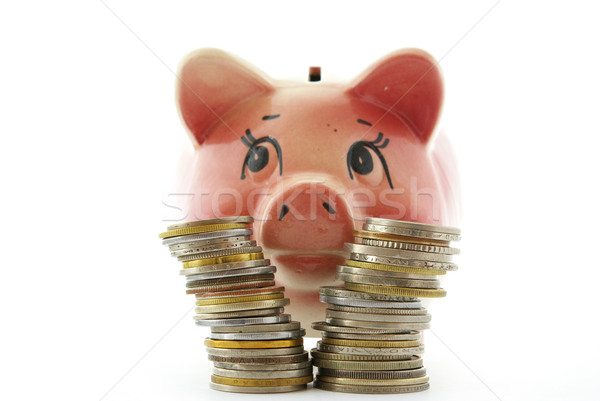розовый Piggy Bank изолированный белый монетами Сток-фото © Pakhnyushchyy