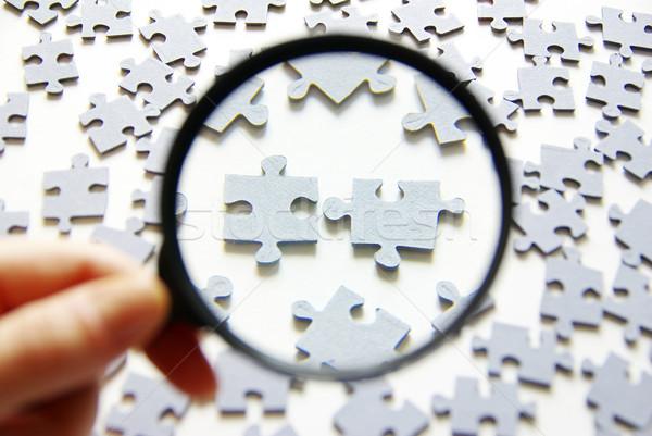 Hand vergrootglas puzzel geïsoleerd witte business Stockfoto © Pakhnyushchyy
