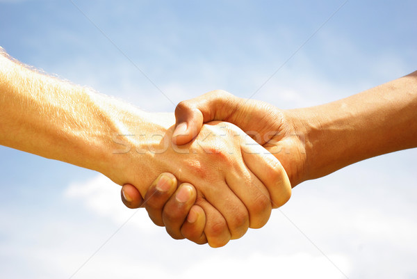 Zdjęcia stock: Ręce · dwa · młodych · biznesmenów · drżenie · rąk · biurko