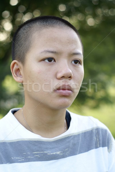 Depressed asian teen girl with shaved head Stock photo © palangsi