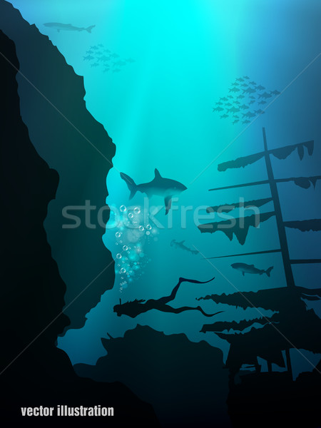 Beautiful coral reef and silhouettes of diver and school of fish in a blue sea Stock photo © Panaceadoll