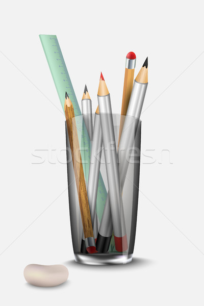 stationery set pencil, eraser and ruler to the glass Stock photo © Panaceadoll