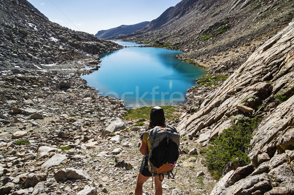 Stock fotó: Nő · hegy · hátizsákos · turista · hátulnézet · lefelé · néz · kanyon