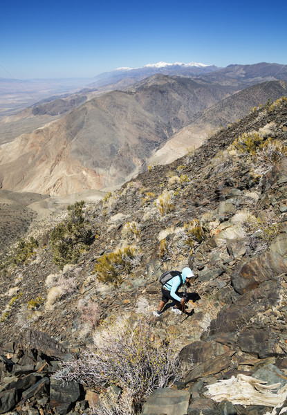 Stock photo: Woman Hiking Up Desert Mountain
