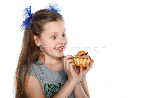 Foto stock: Feliz · nino · pastel · de · frutas · alimentos · cara · moda