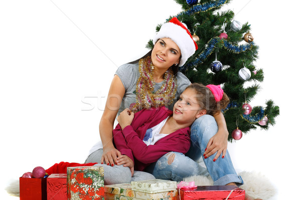 Anya lánygyermek karácsonyfa ajándékok izolált fehér Stock fotó © pandorabox
