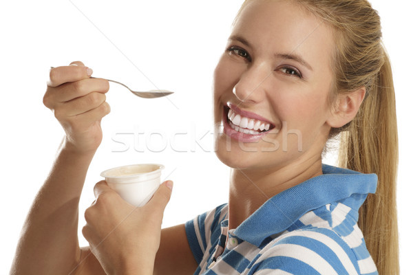 Foto d'archivio: Mangiare · yogurt · bianco · donna · sorriso