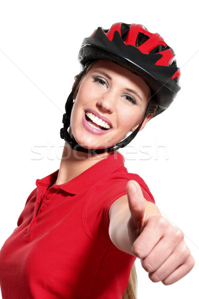 Stock fotó: Fiatal · nő · bicikli · sisak · fehér · mosoly · sport