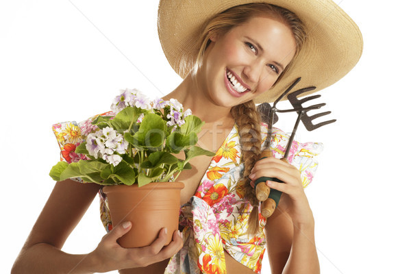 若い女性 植木屋 白 花 笑顔 作業 ストックフォト © paolopagani