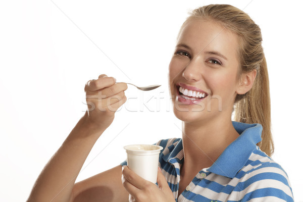 Foto d'archivio: Mangiare · yogurt · bianco · donna · sorriso