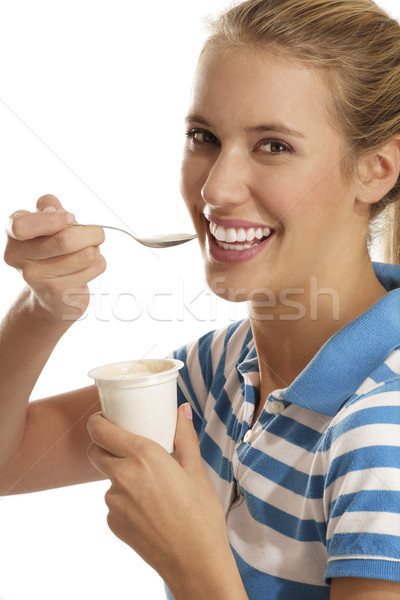 Foto d'archivio: Mangiare · yogurt · bianco · donna · sorriso