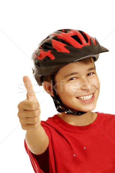 Imagine de stoc: Băiat · bicicletă · cască · alb · copii · sportiv