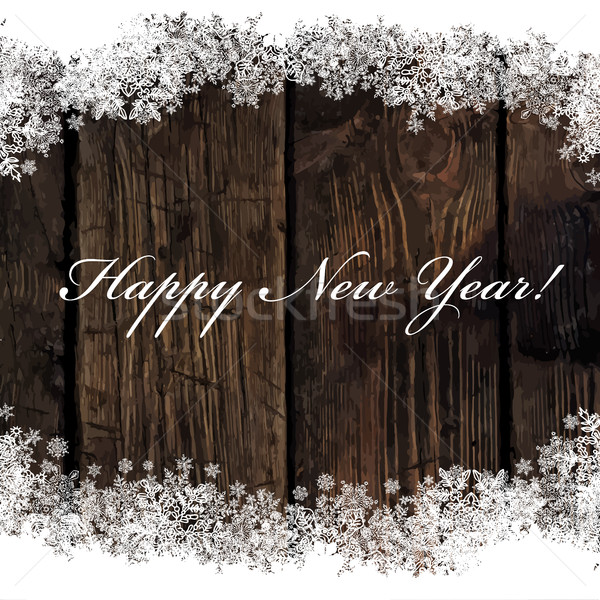 Happy New Year! Greeting on Wooden Background. Snowflakes border Stock photo © pashabo