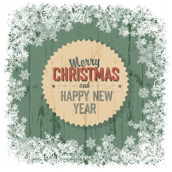 Merry Christmas greeting on green wooden background, vector. Stock photo © pashabo