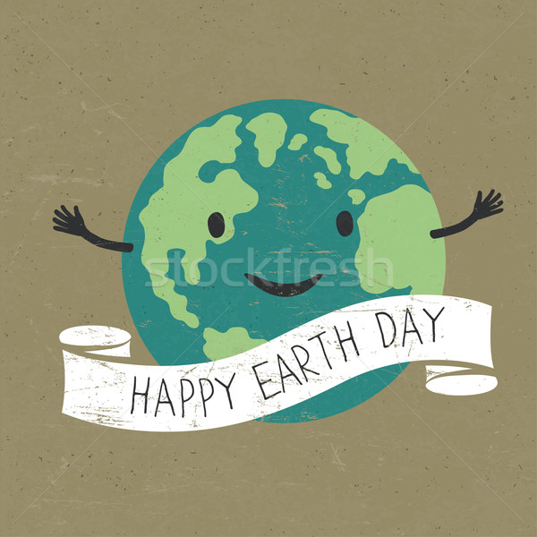 Stock photo: Cartoon Earth with ribbon and text. Planet smile. 