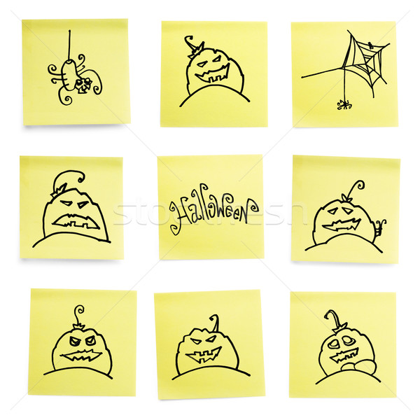 Yellow sticky papers set with some Halloween doodles. Stock photo © pashabo