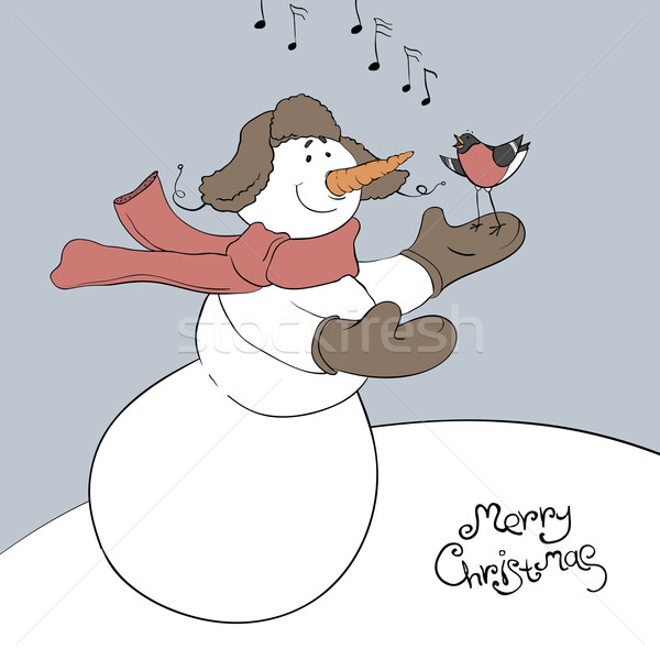 Snowman and his friend - bullfinch. Christmas illustration, vect Stock photo © pashabo