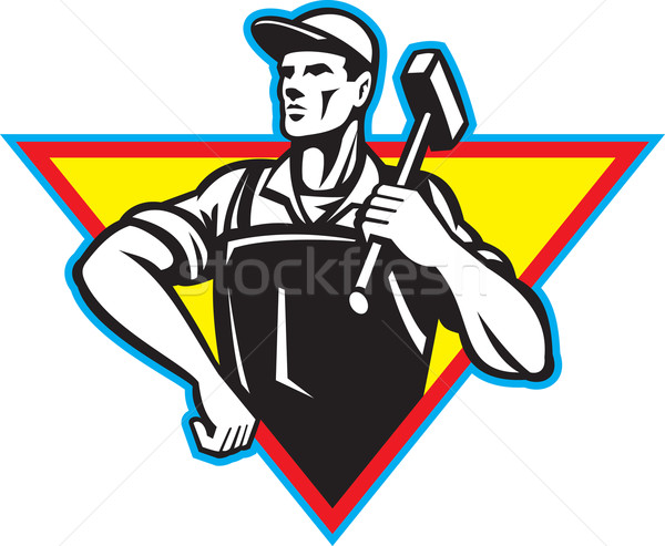 Foto stock: Trabajador · martillo · retro · ilustración · trabajador · de · la · fábrica · herrero