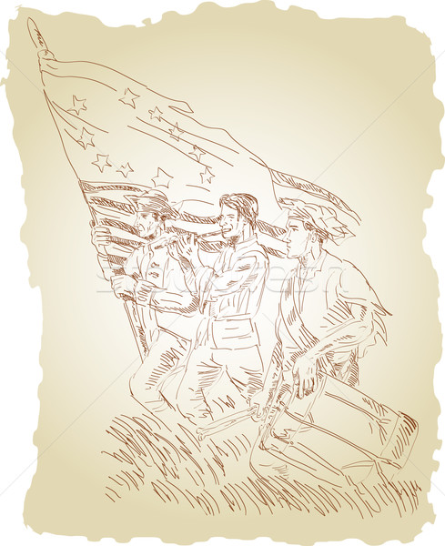Stock photo: American revolution soldier patriot marching with flag