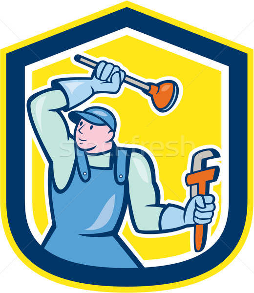 Plumber Wielding Plunger Wrench Shield Cartoon Stock photo © patrimonio