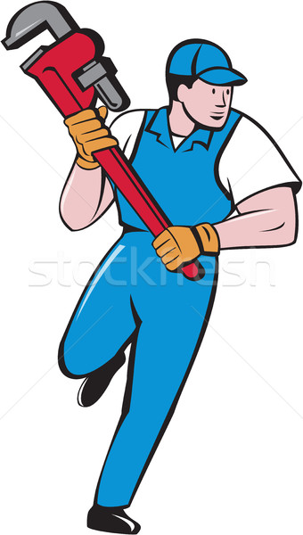 Plumber Running Pipe Wrench Cartoon Stock photo © patrimonio