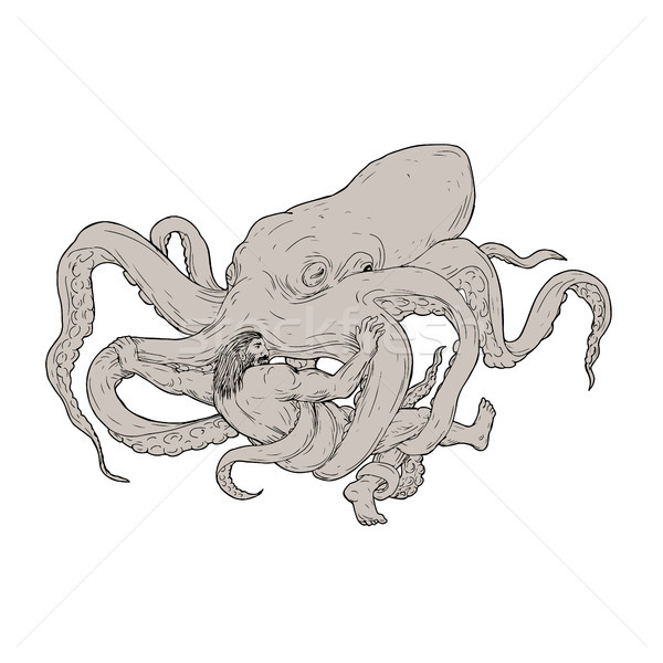 Hercules Fighting Giant Octopus Drawing Stock photo © patrimonio