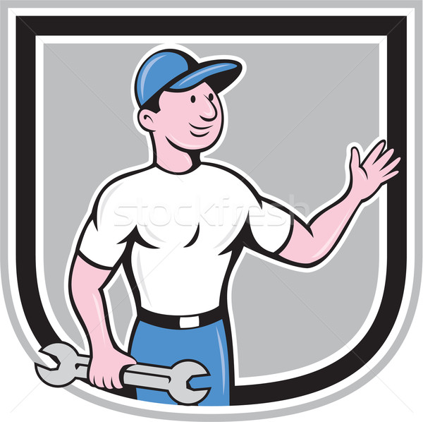 Mechanic Hold Spanner Waving Hand Cartoon Stock photo © patrimonio