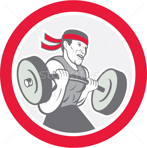 Stock photo: Weightlifter Lifting Barbell Circle Cartoon